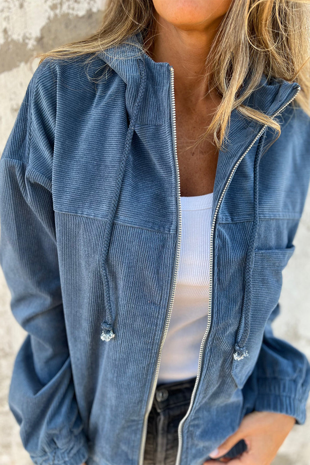 Teal Kapuzenjacke mit verstellbarem Kordelzug und Zip-Verschluss