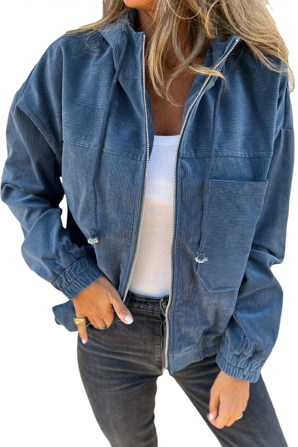 Teal Kapuzenjacke mit verstellbarem Kordelzug und Zip-Verschluss