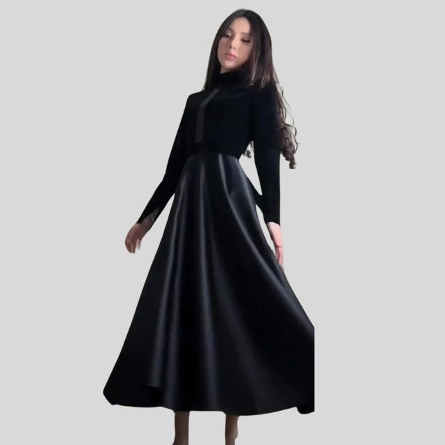 Elegantes Samt-Turtleneck-Kleid mit ausgestelltem Saum