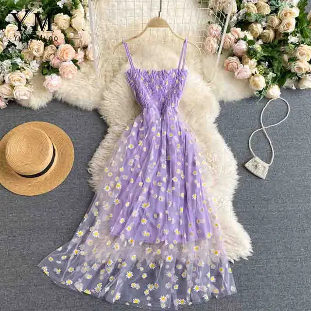 Blumen-Gänseblümchen-Muster Sommerkleid für Damen mit Spaghetti-Trägern