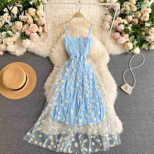 Blumen-Gänseblümchen-Muster Sommerkleid für Damen mit Spaghetti-Trägern