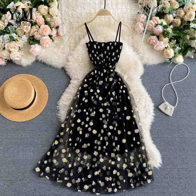 Blumen-Gänseblümchen-Muster Sommerkleid für Damen mit Spaghetti-Trägern