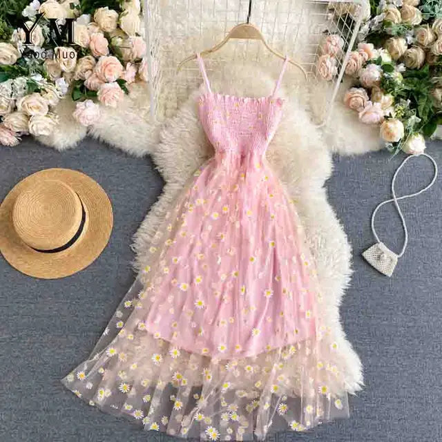 Blumen-Gänseblümchen-Muster Sommerkleid für Damen mit Spaghetti-Trägern