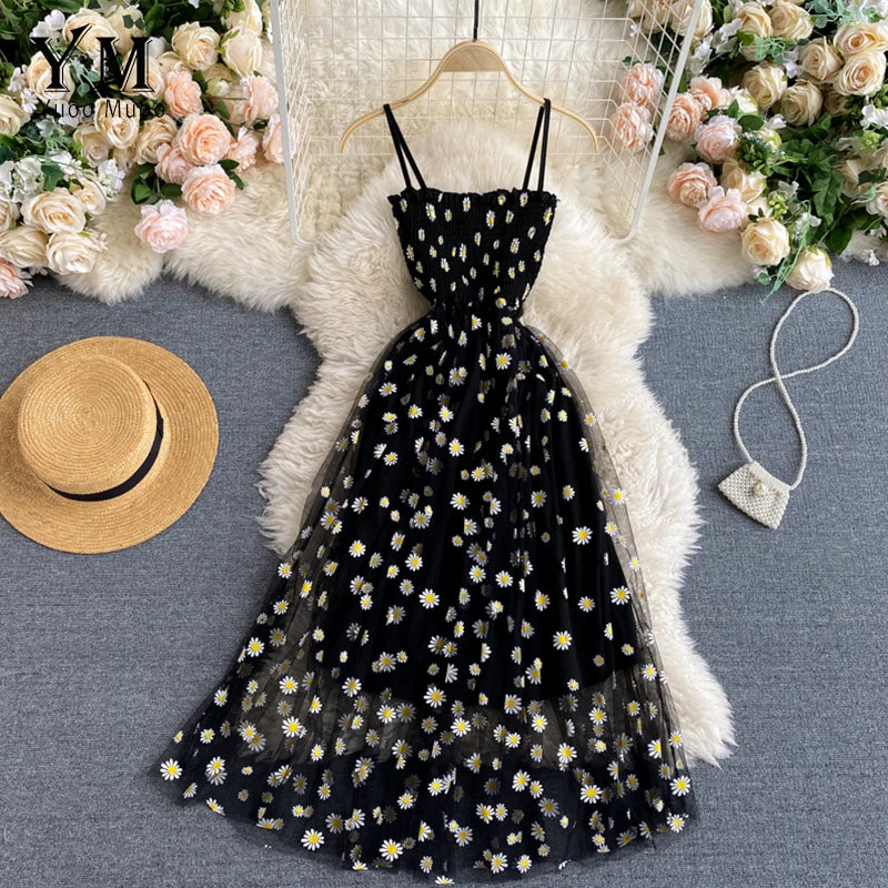 Blumen-Gänseblümchen-Muster Sommerkleid für Damen mit Spaghetti-Trägern