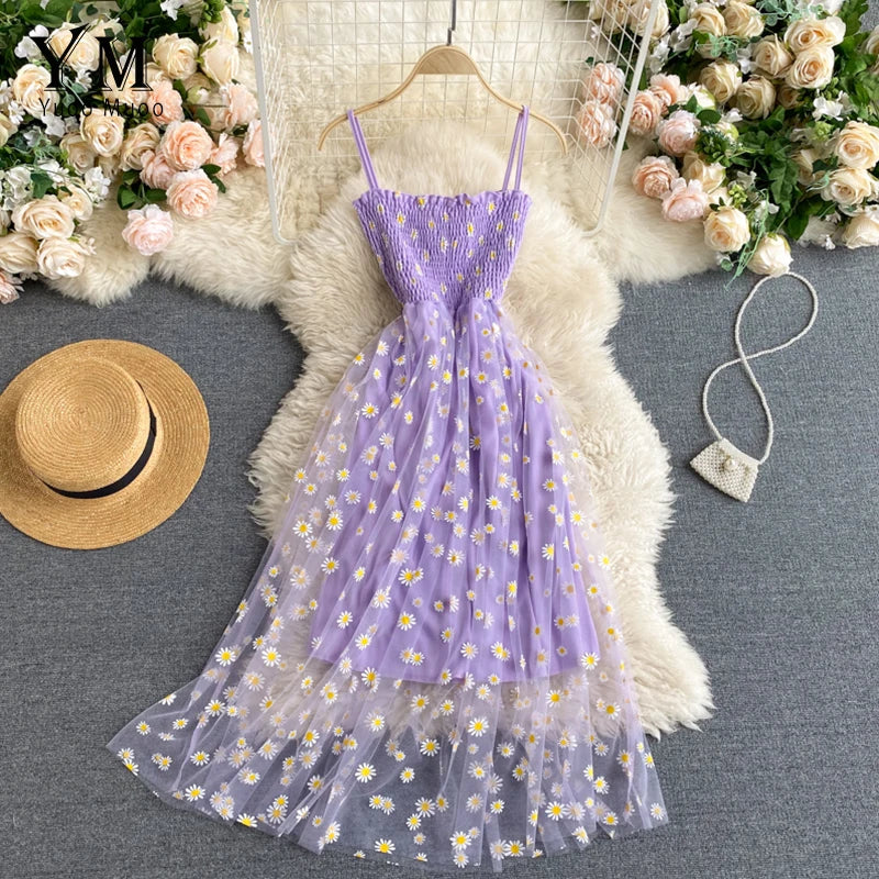 Blumen-Gänseblümchen-Muster Sommerkleid für Damen mit Spaghetti-Trägern